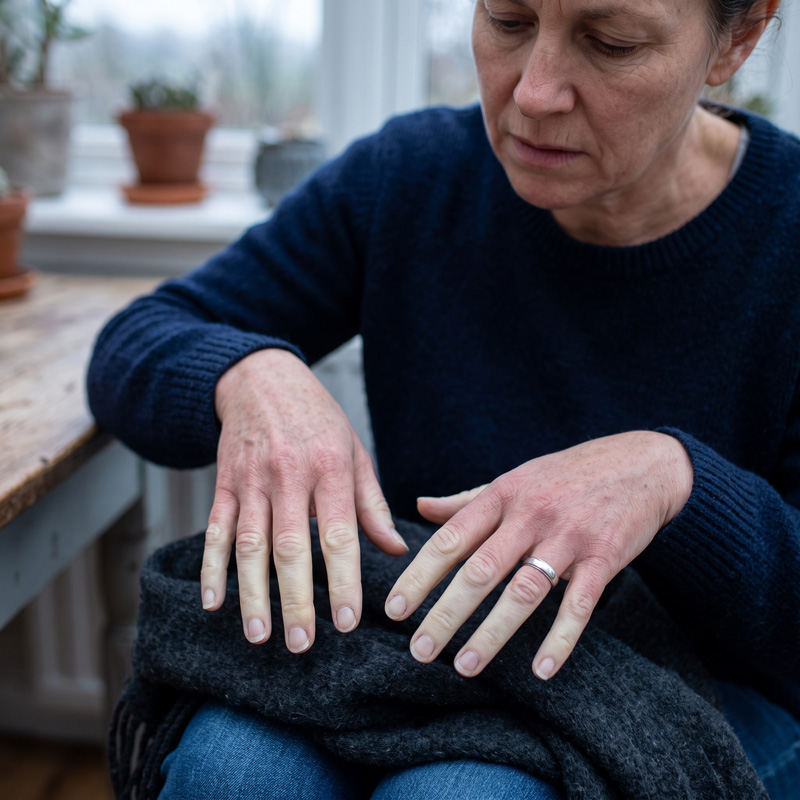 Raynaud's phenomenon causing pale fingers during a cold-induced episode