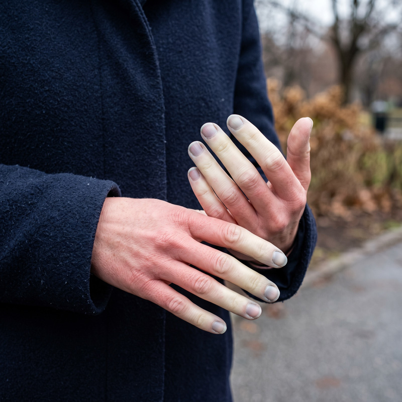 Hands with bluish purple fingertips from cold air, fingers stay icy even with regular gloves