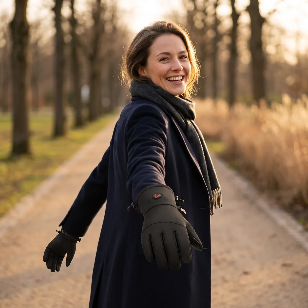Woman wearing heated gloves enjoying a warm winter moment while reaching back to connect with someone
