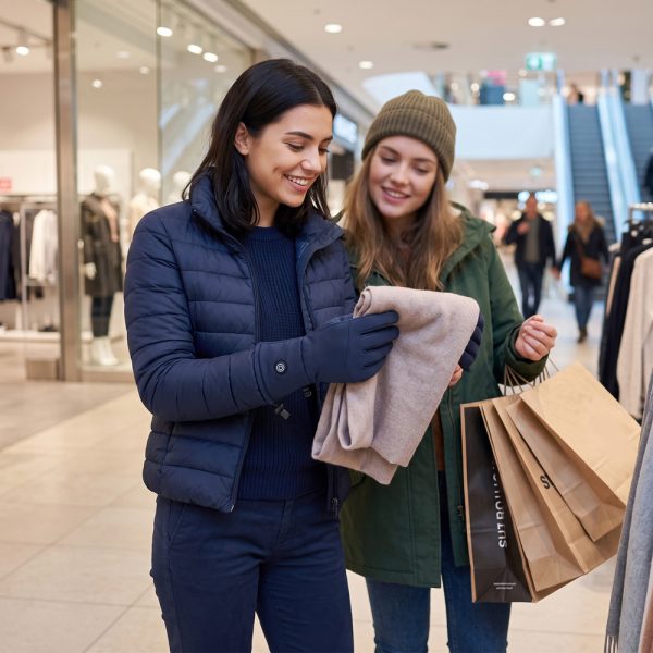Ololar Flex Series for Shopping Woman wearing full-finger heated gloves while shopping with a friend