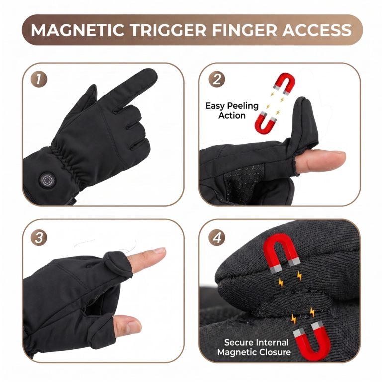 Ololar Flex Convertible heated gloves with magnetic flip-back caps shown closed and flipped open on the thumb and index finger