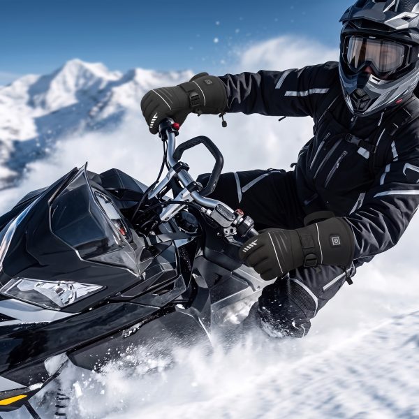 Person wearing Ololar Shield heated gloves while snowmobiling