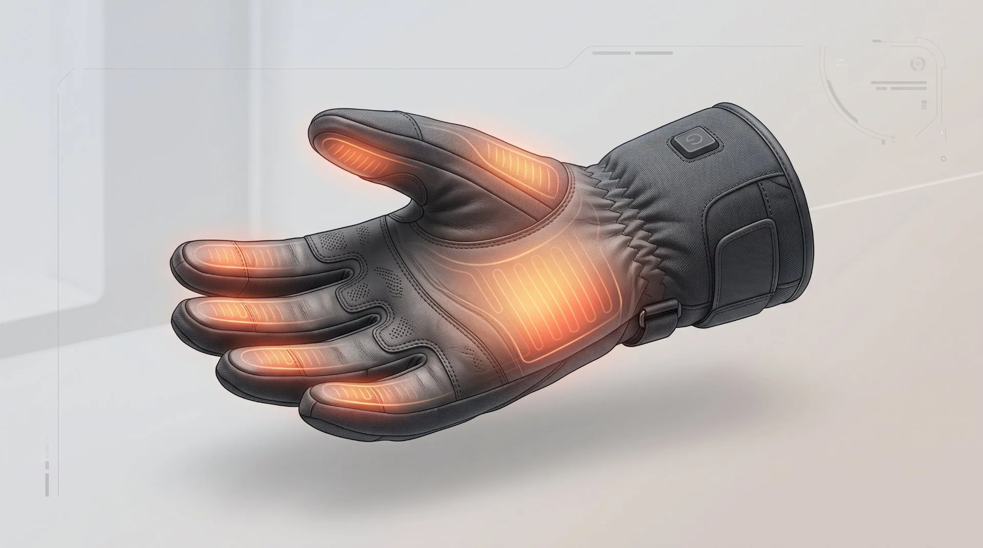 Heating Coverage in Heated Gloves Heated glove showing warming coverage across the palm, back of hand, and fingers