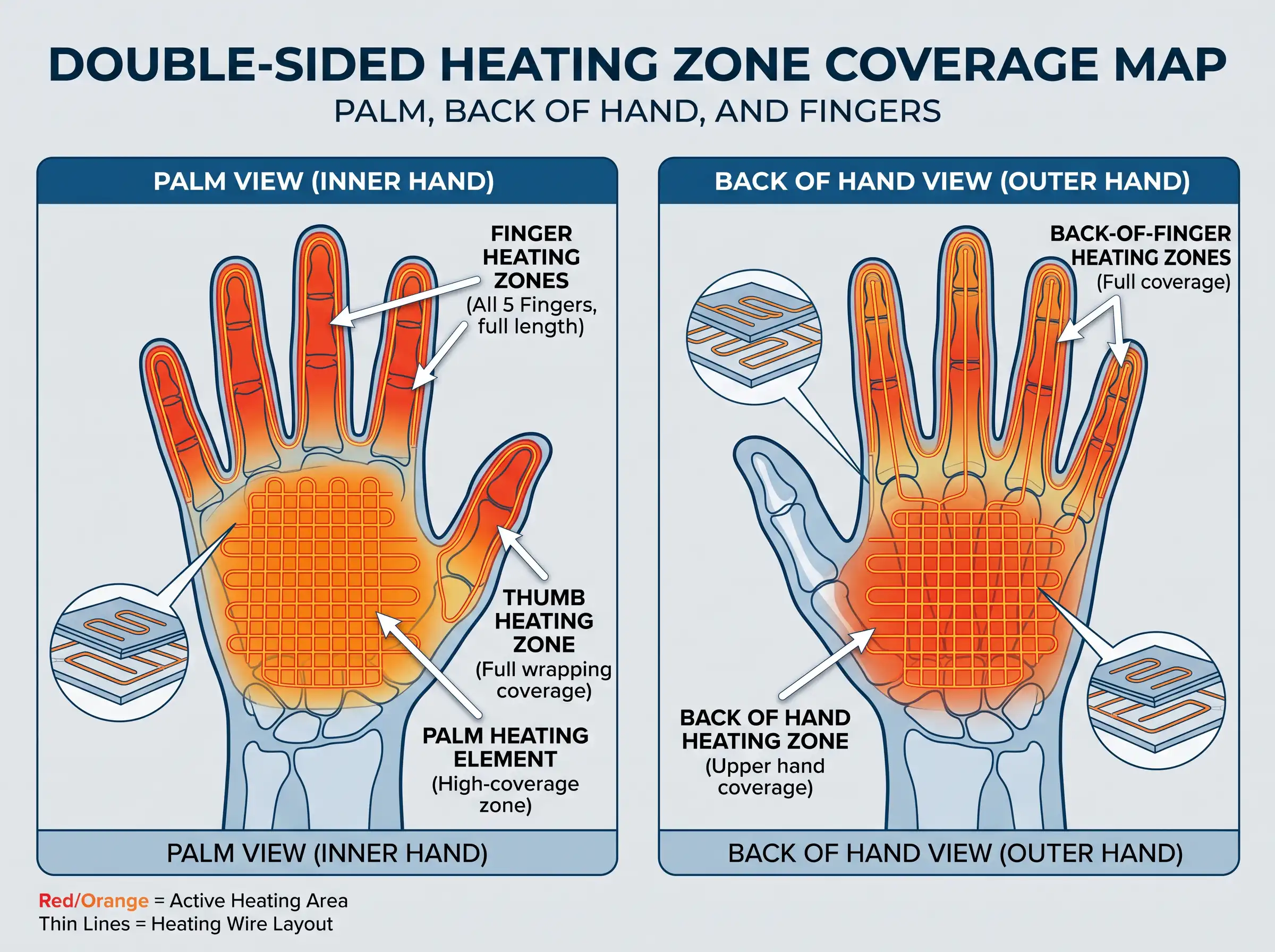 Double-sided heating zone coverage map showing palm and back-of-hand heating areas including fingertips