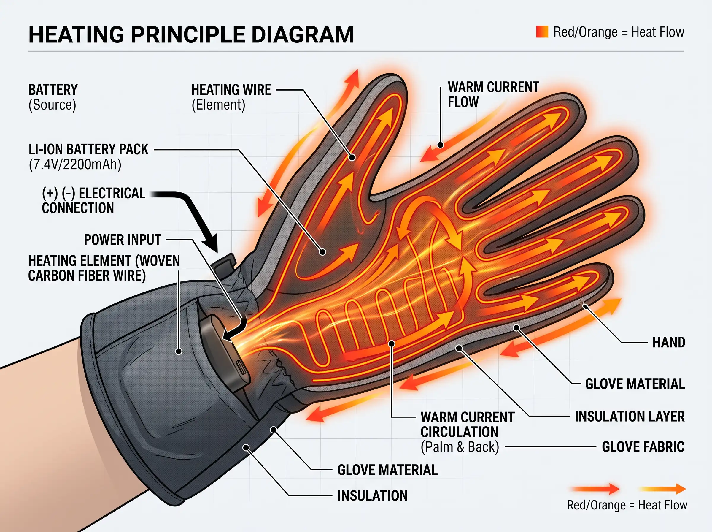 Diagram showing how heat flows from the battery through heating wires to the fingers in a heated glove