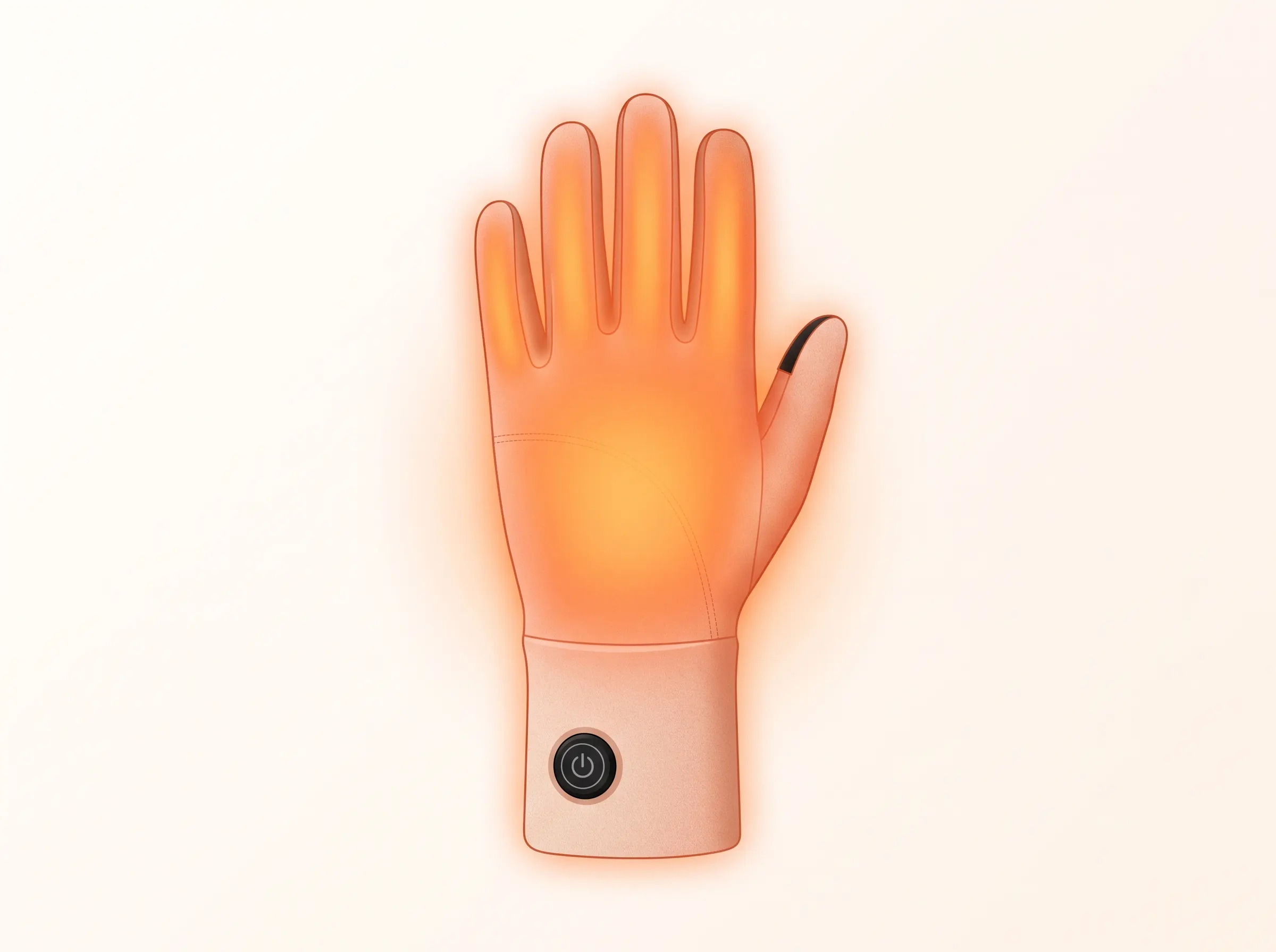 Ololar heated glove with a soft warm orange glow across the palm, back of hand and fingers, showing dual-sided heating coverage