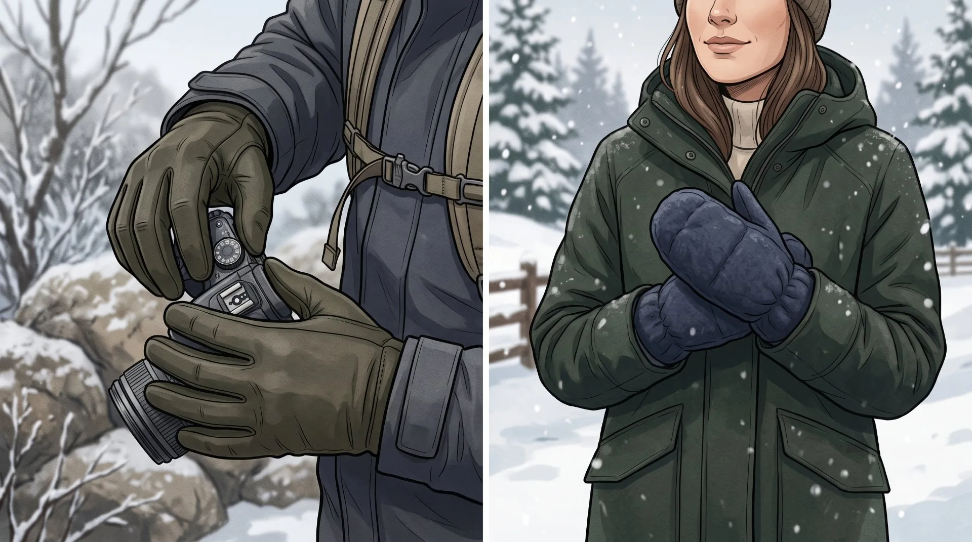Warmth vs. Dexterity Gloves provide finger dexterity while mittens keep fingers together for cold-weather warmth