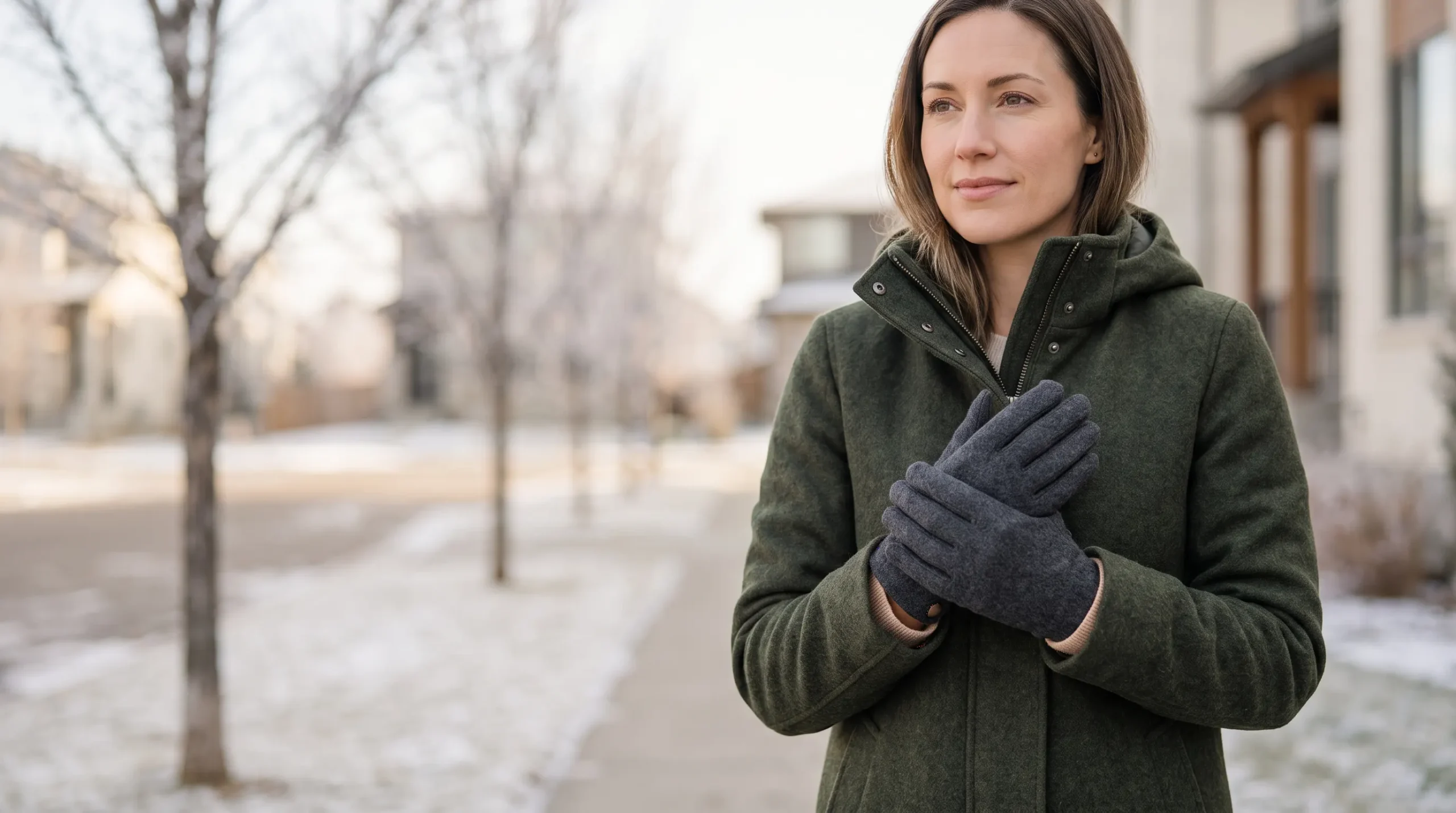 Person wearing gloves outdoors in cold weather with hands protected from the cold