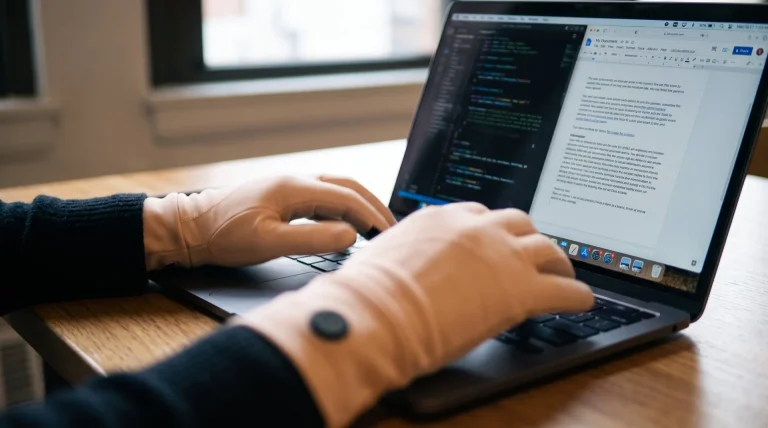 Ololar Air heated glove worn while typing at a desk