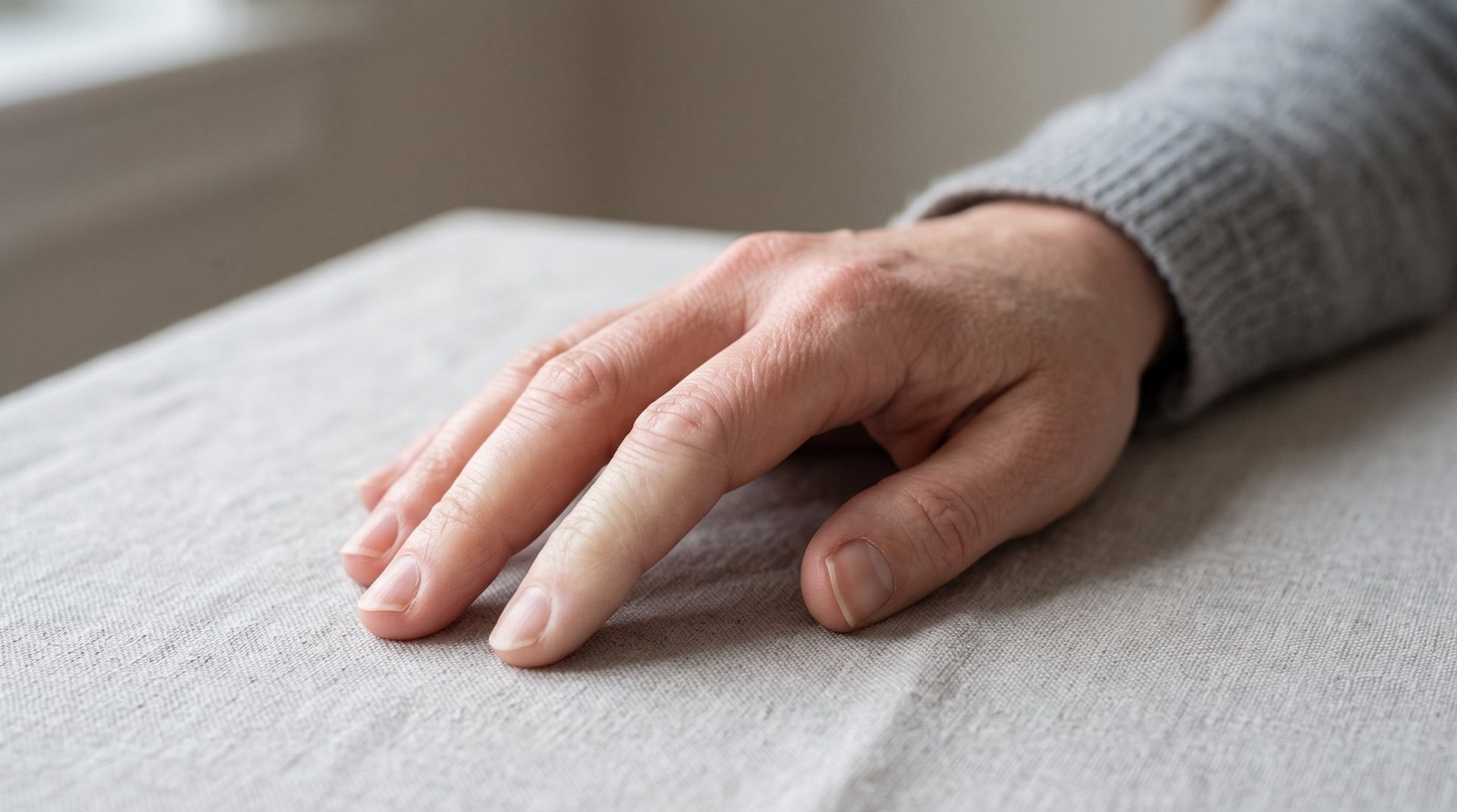Close-up of a hand showing natural fingertip skin tone variations for a Raynaud’s education article
