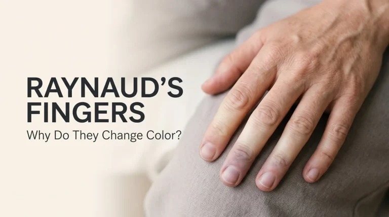 Close-up of a hand showing pale and bluish fingertip color changes associated with Raynaud’s phenomenon
