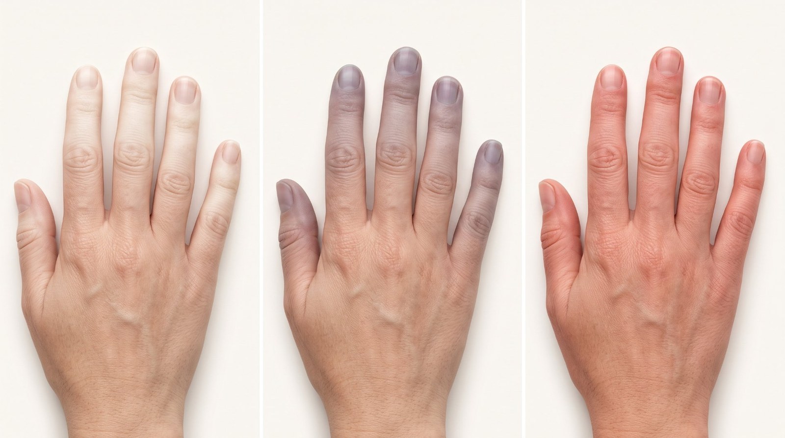 Illustration of possible white, blue, and red finger color changes associated with Raynaud’s phenomenon