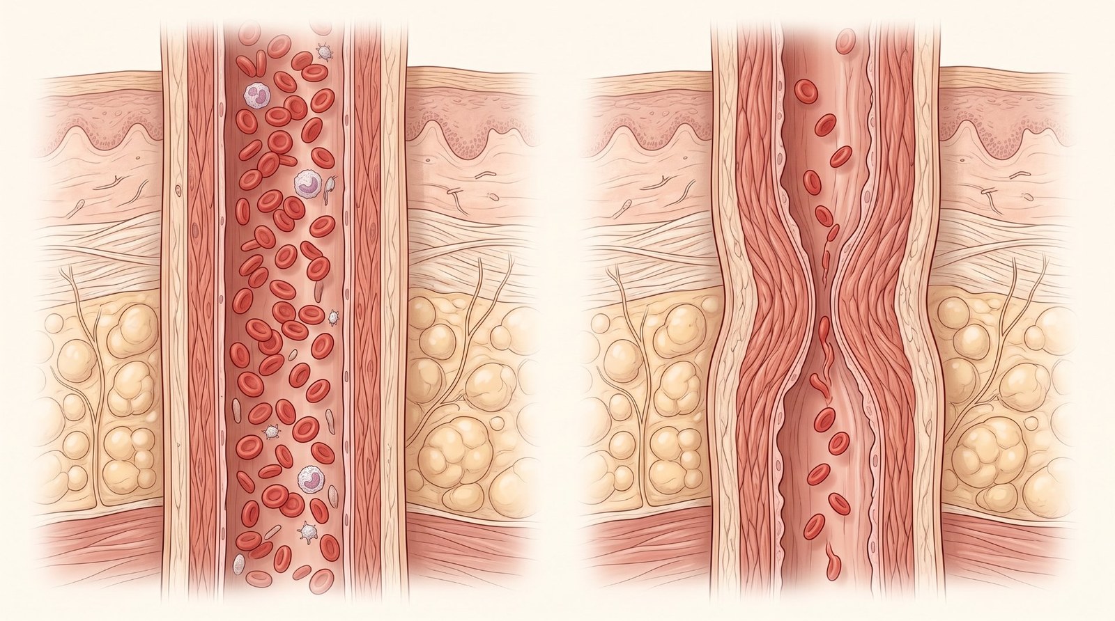 Medical illustration comparing normal blood flow with reduced blood flow during finger vasoconstriction